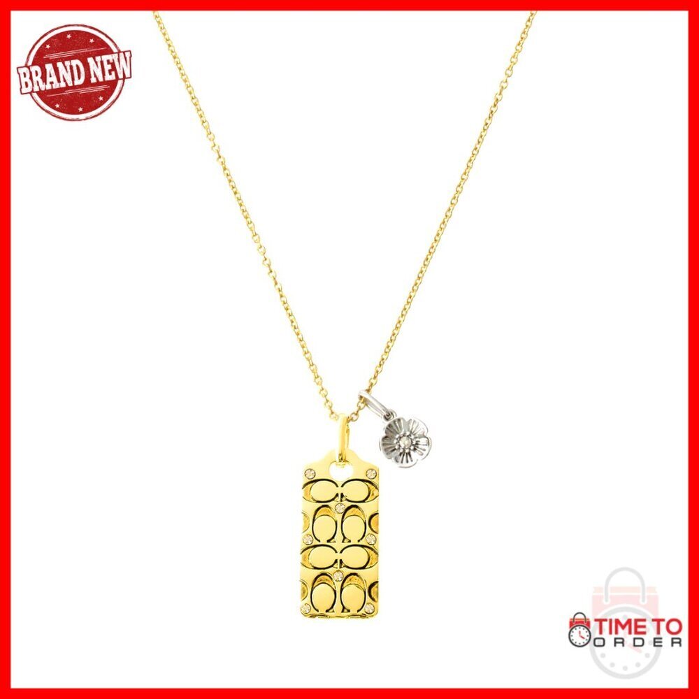 Quilted C Tag Pendant Necklace, Gold Tone with Crystals, Adjustable 18-Inch